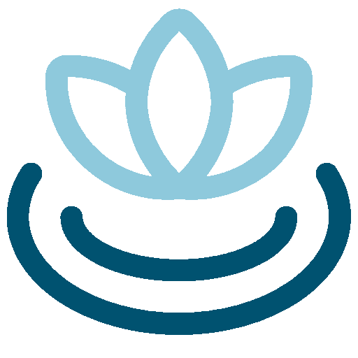 Minimalist logo of a lotus flower rising from water, with two curved lines representing water.