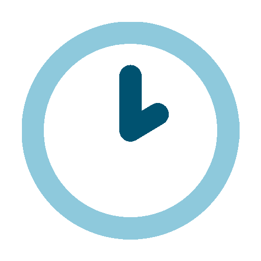 Clock icon with a blue outline and dark blue clock hands indicating the time at 3:00.