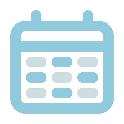 Icon of a calendar in light blue with a grid of squares representing days.