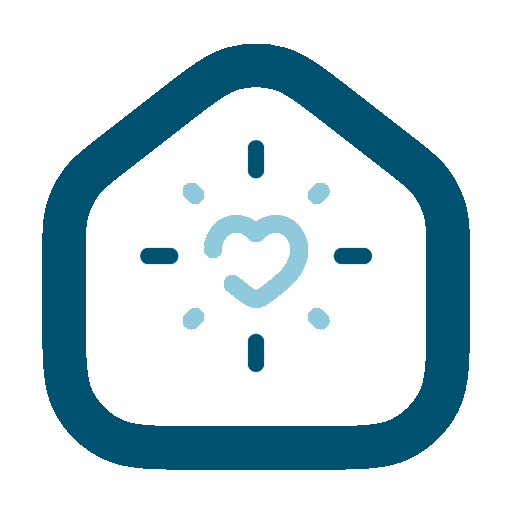 Illustration of a house-shaped icon with a heart at the center and radiating lines, symbolizing health or care.