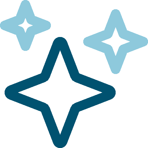 Three star-shaped sparkles in different sizes and shades of blue.