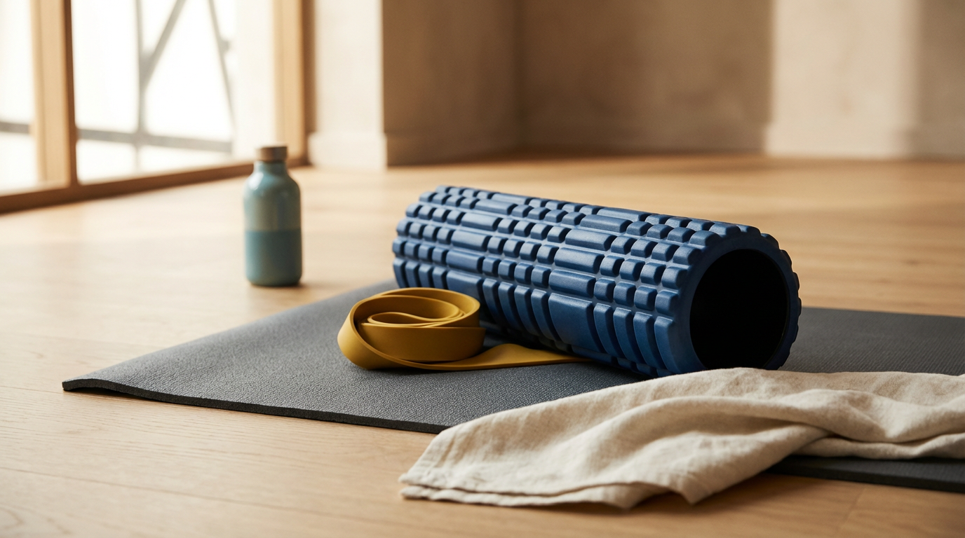 Yoga mat, foam roller, resistance band, water bottle, and towel arranged on a wooden floor near a window.