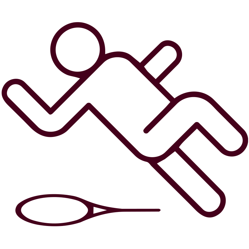Outline icon depicting a person falling during a game of tennis.