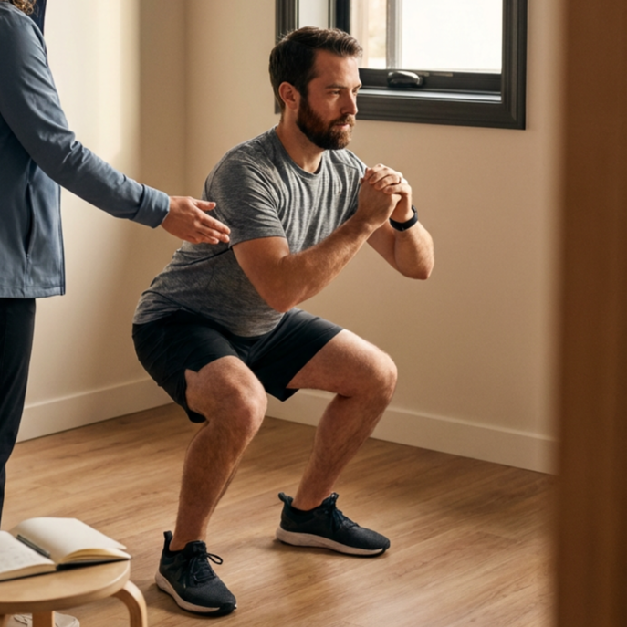 A man in athletic wear doing a squatting exercise with a person's hand supporting him.