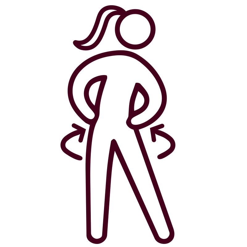 Line drawing of a woman standing with her hands on her hips, wearing glasses and with a ponytail.