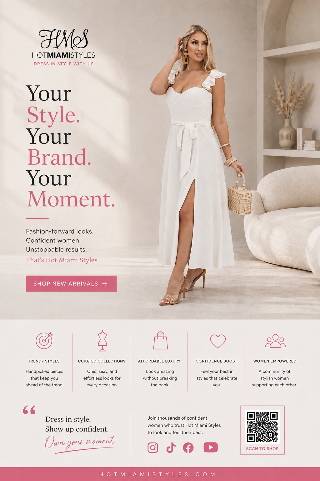 An advertisement featuring a woman in a white dress with ruffled sleeves and a high slit, holding a small woven handbag. The ad promotes Miami Styles fashion collection.