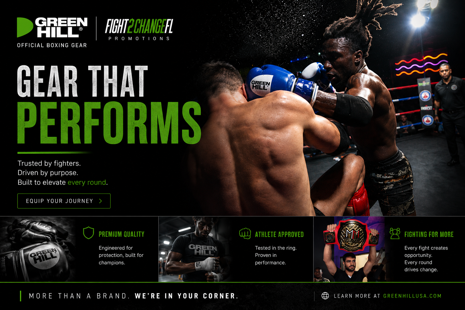 Promotional image for Green Hill boxing gear featuring two male boxers in a ring, one delivering a punch to the other, with bright lights and a referee in the background. Text highlights the gear's performance, quality, approval, and brand message.