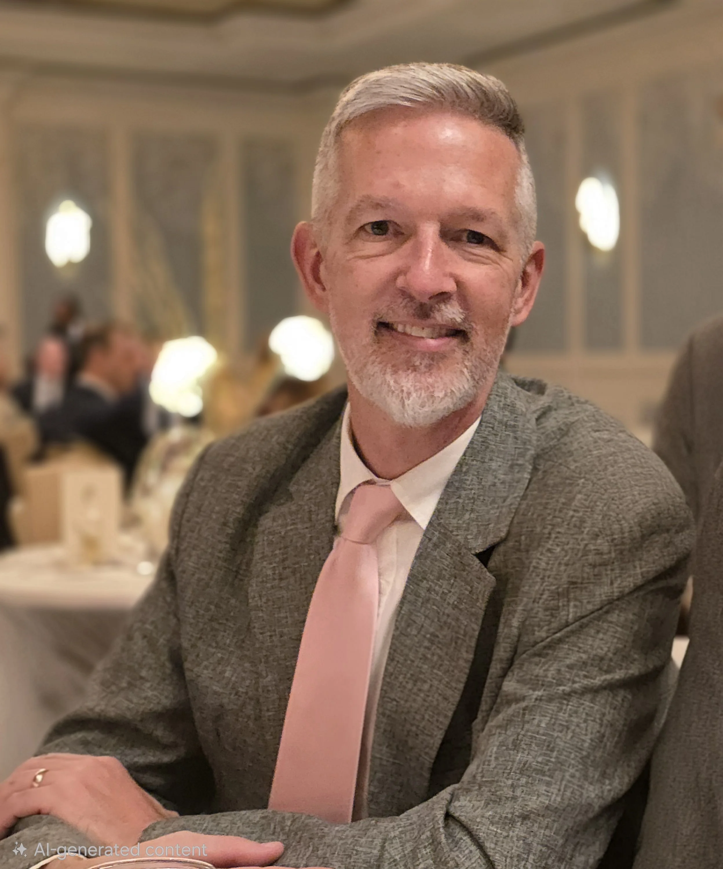Close-up of a smiling middle-aged man with gray hair and a beard, wearing a gray blazer, white shirt, and pink tie, in a formal setting.
