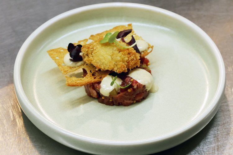 Wagyu beef tartare with bluff oyster focaccia and smoked oyster emulsion by Cam Davies
