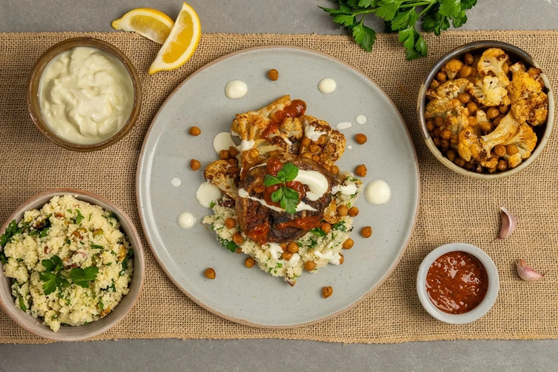 Harissa lamb neck chops served with yoghurt, salad and side dishes