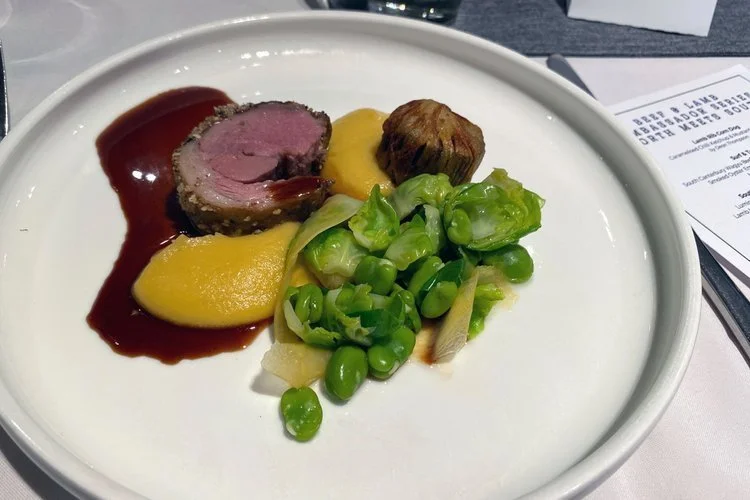 Cam Davies' Southland Lumina lamb dish with swede puree and pickled swede on a white plate