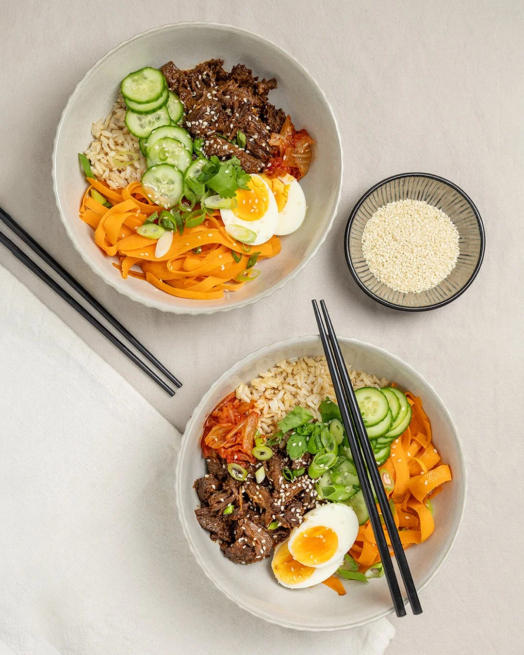 Sticky soy wagyu beef bowls with vegetables and boiled eggs