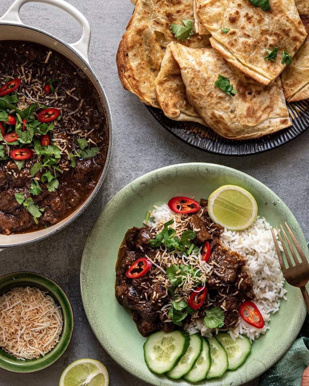 Cheat's easy beef rendang with chilli, rice and flatbreads