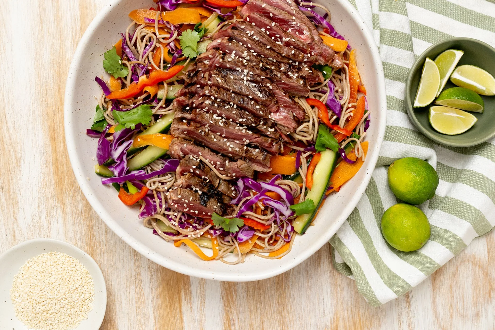 Almond satay beef soba noodle salad with fresh vegetables