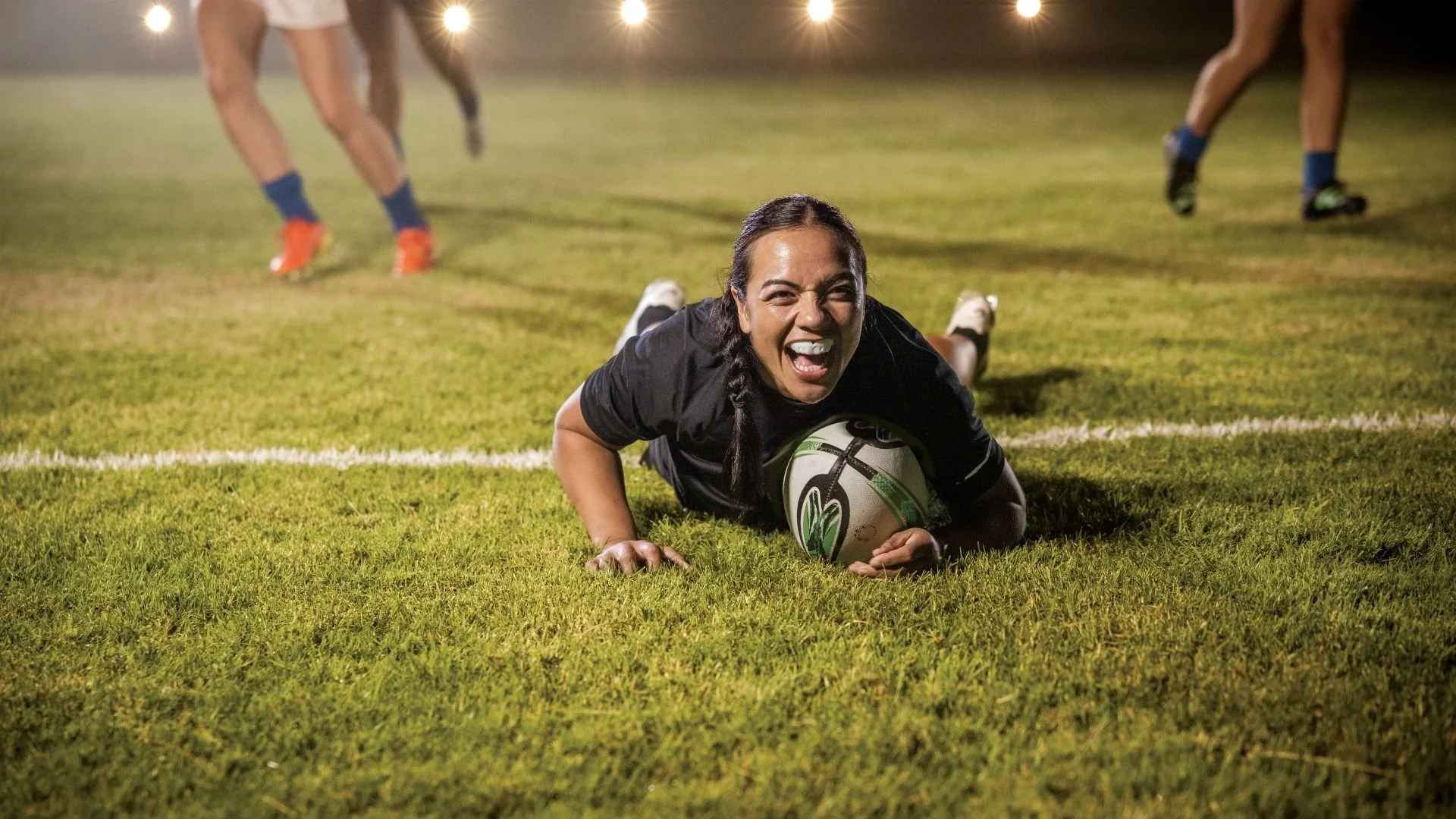 Rugby player Stacey Waaka smiling as she dives over the line to score a try