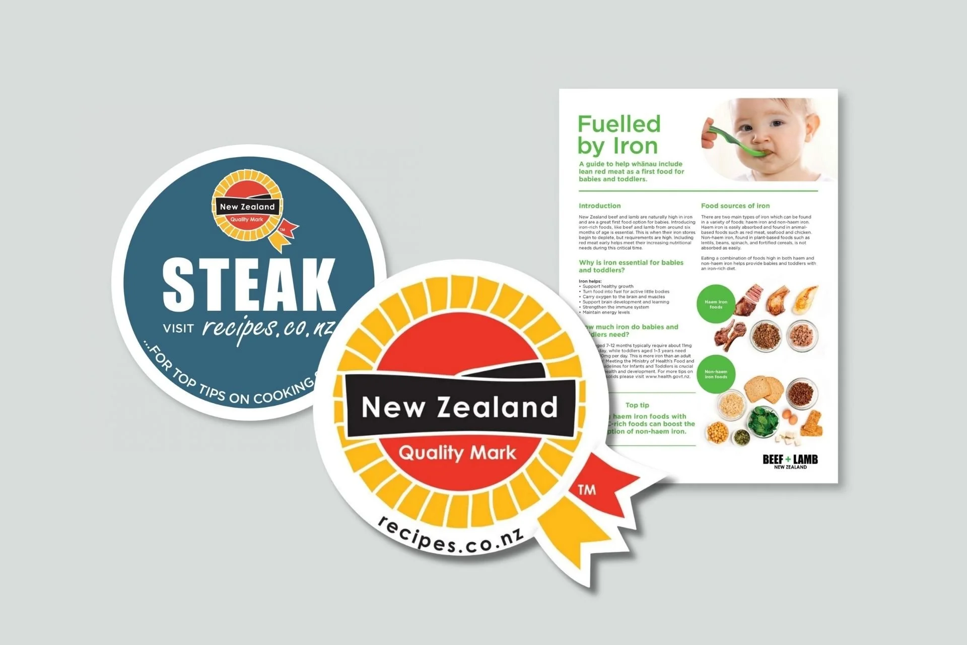 New Zealand Quality Mark badge with a Steak guide and a Fuelled by Iron flyer