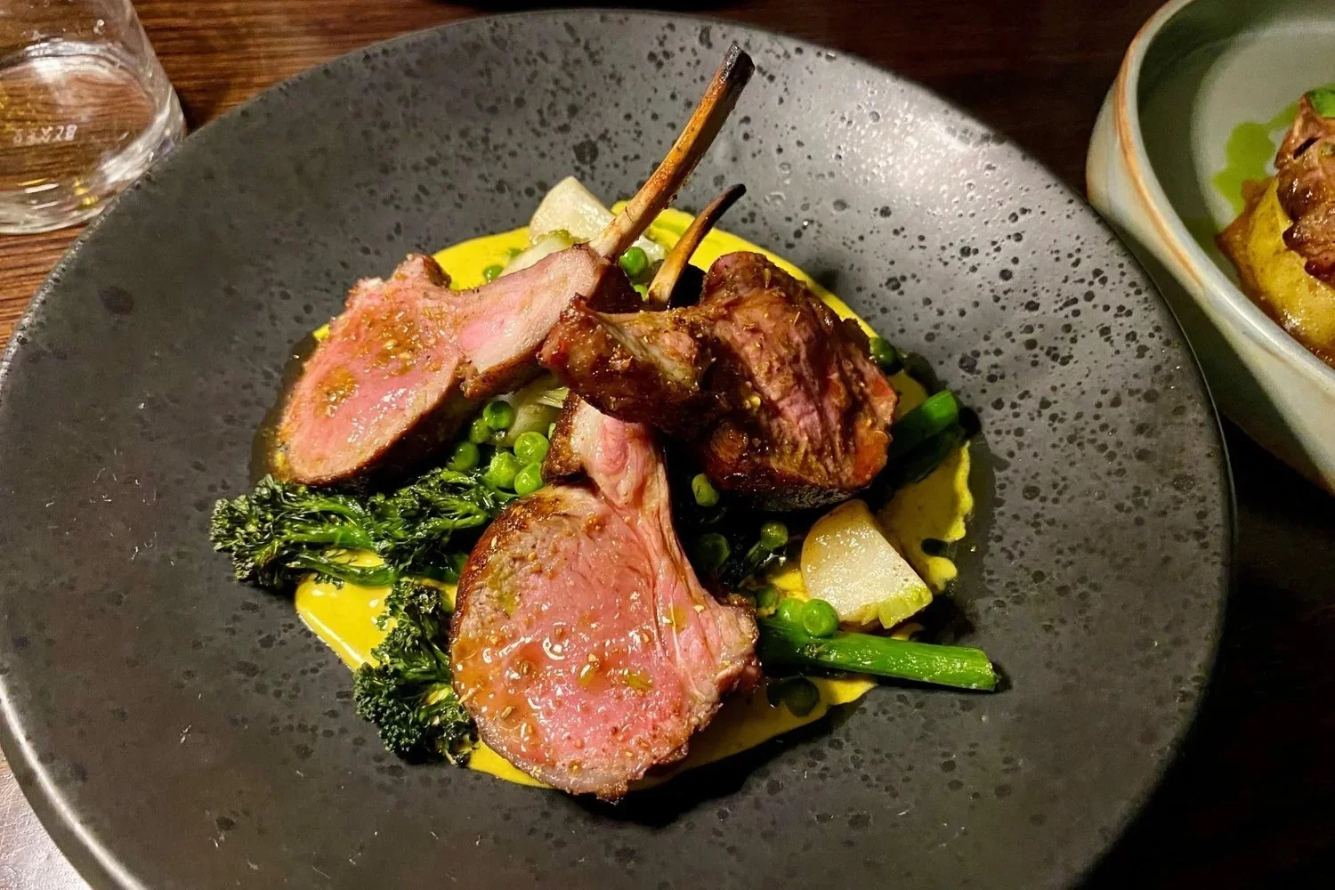 Horopito and Mint Lamb Rack, Baby Vegetables, Curry Emulsion