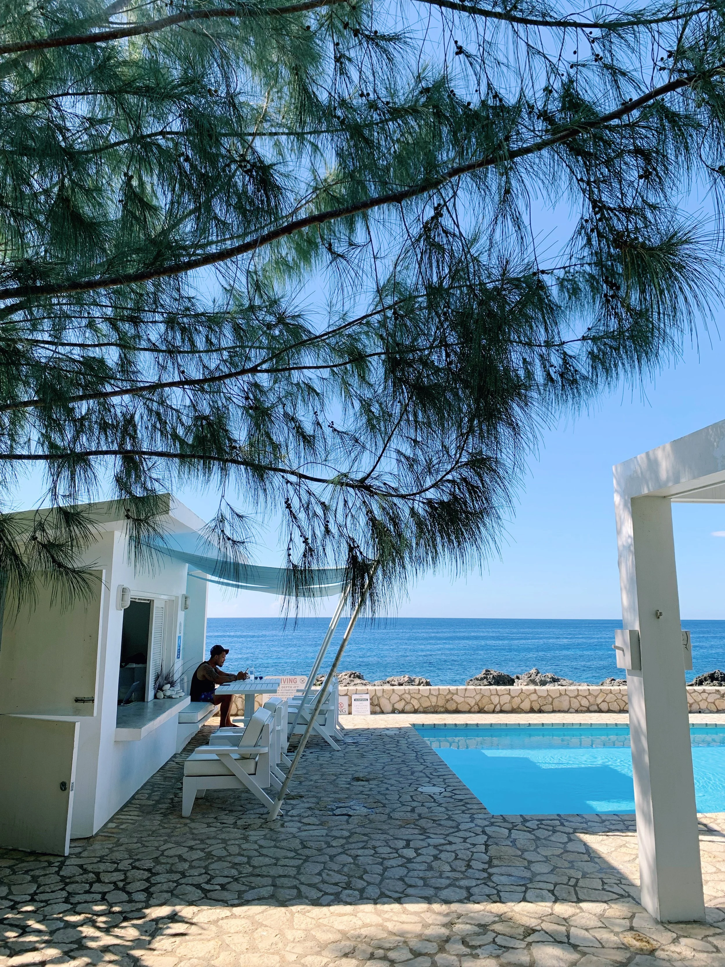 A person sitting at a table near a pool with an ocean view in the background, shaded by trees, on a bright sunny day.