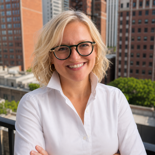 A smiling woman with blonde curly hair and glasses, wearing a white shirt, standing on a balcony in an urban area with tall buildings and some greenery in the background.
