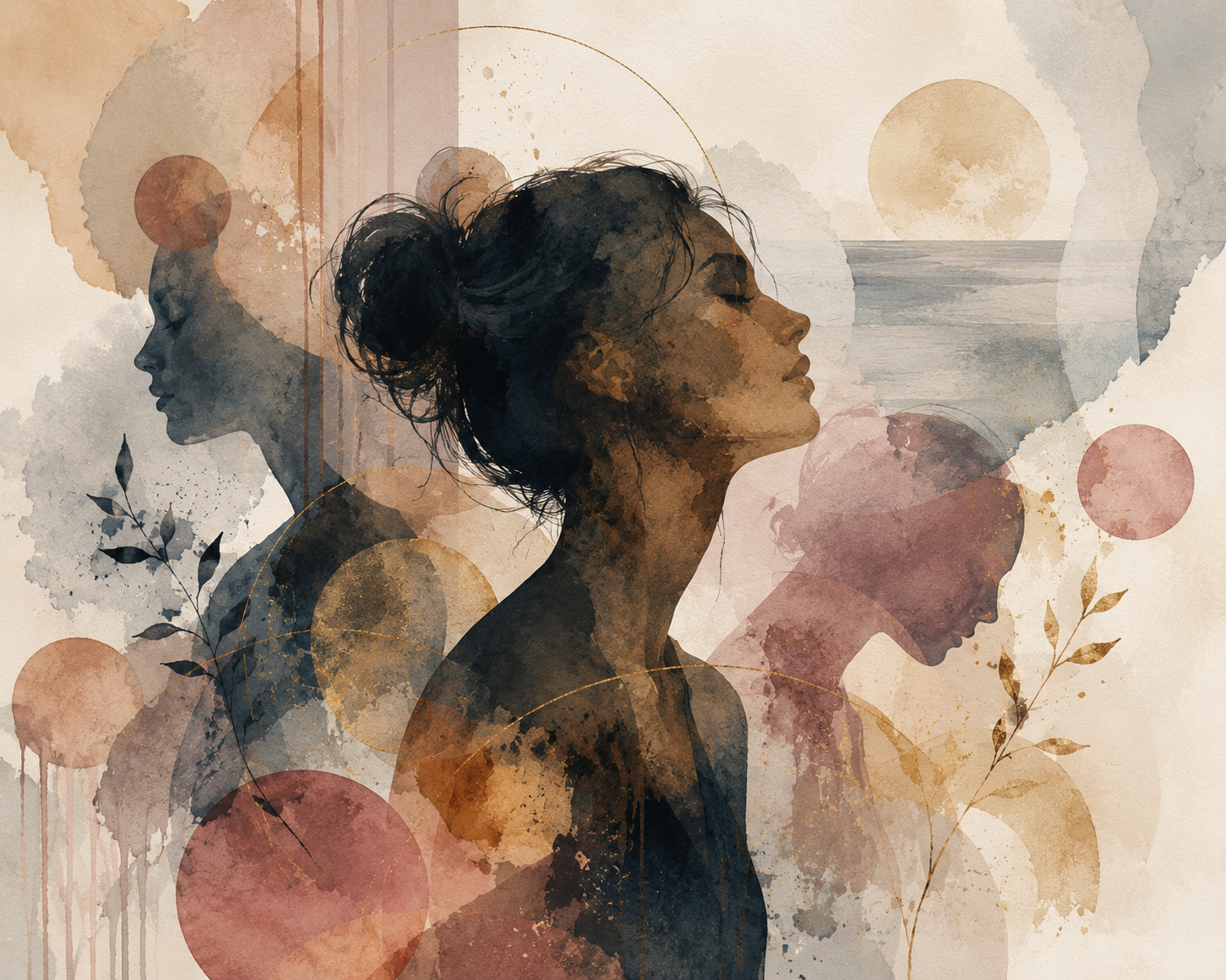 A digital painting of three women with closed eyes, abstract and watercolor style. The silhouettes are layered with various warm and muted colors, with elements like circles, leaves, and a sunset over water.