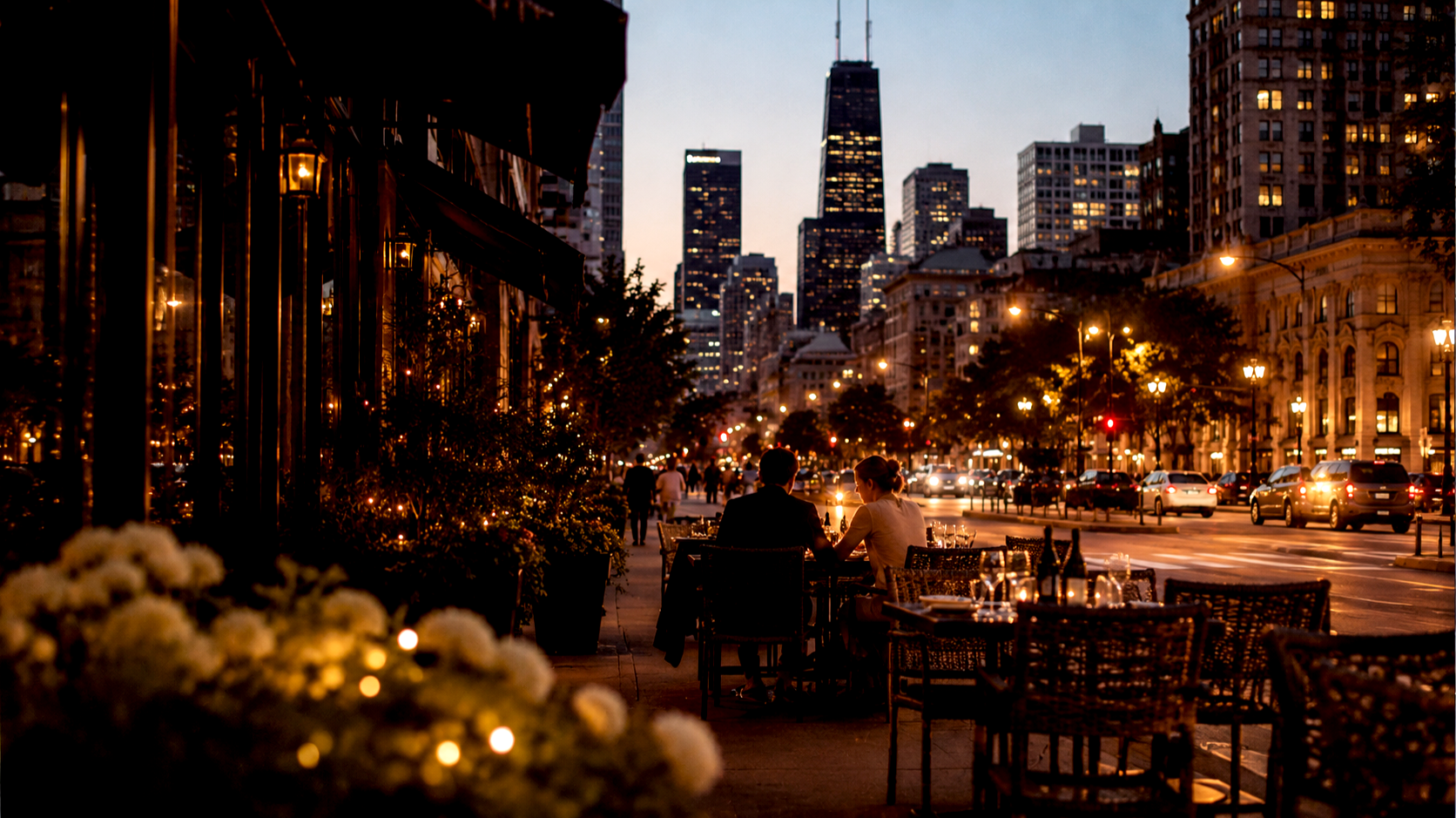 Affluent Chicago couple sitting at an upscale outdoor restaurant at dusk, physically close but emotionally distant, illustrating relationship disconnection and modern intimacy challenges.