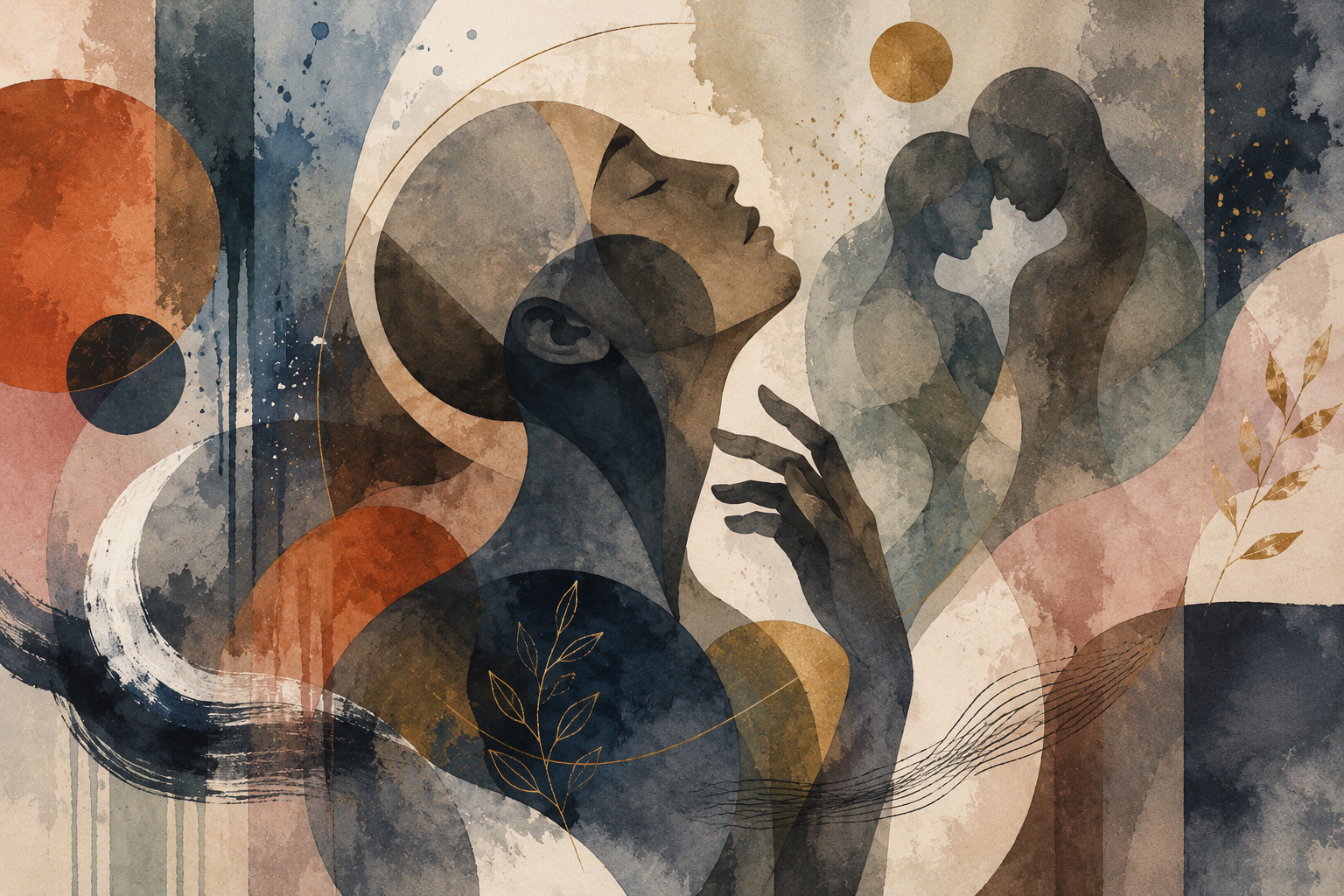 Abstract digital artwork of three women with closed eyes, featuring earth tones, circles, and botanical accents.