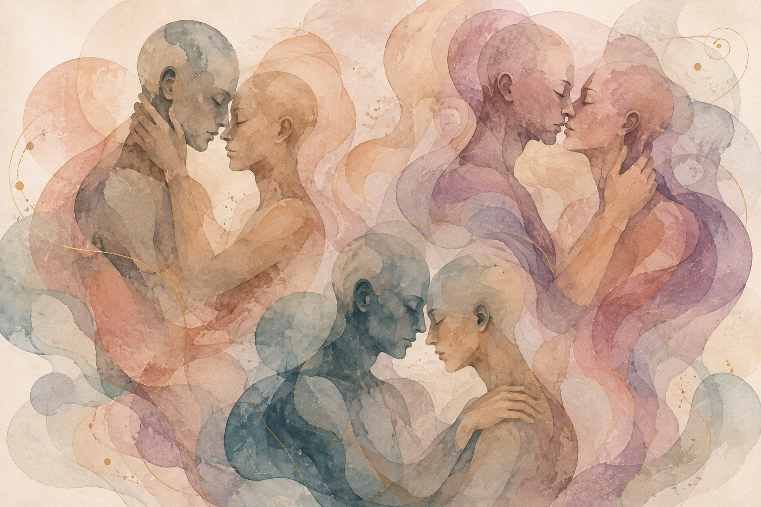 Watercolor illustration of couples in intimate poses, with soft geometric shapes and pastel colors in the background.