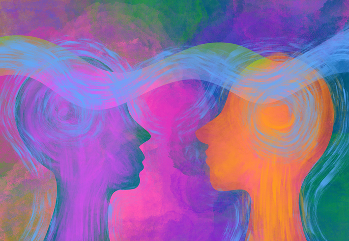 Abstract digital art of three human profiles facing each other with colorful swirling backgrounds.