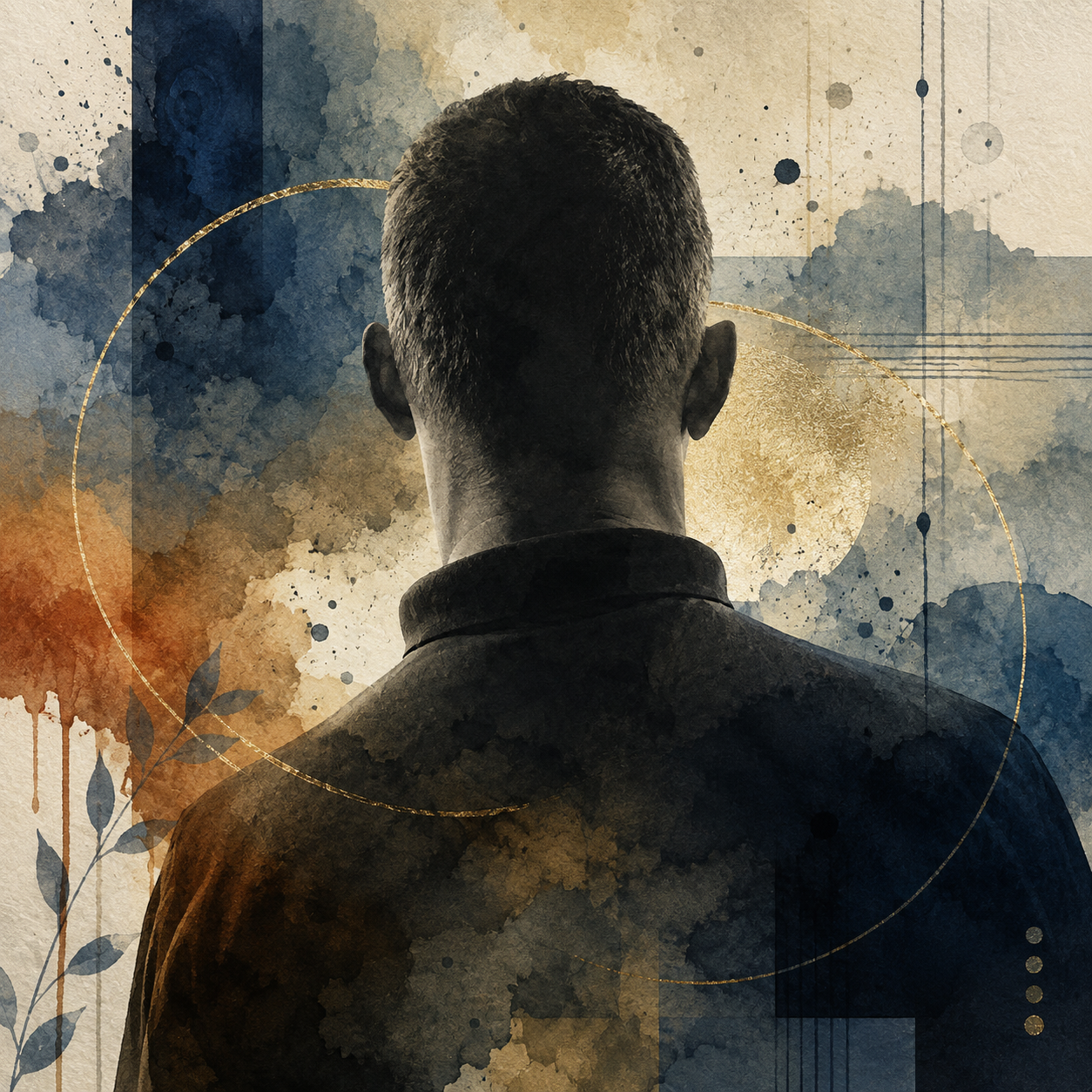 A person with short hair seen from behind, surrounded by abstract watercolor shapes and lines in blue, orange, and beige tones.