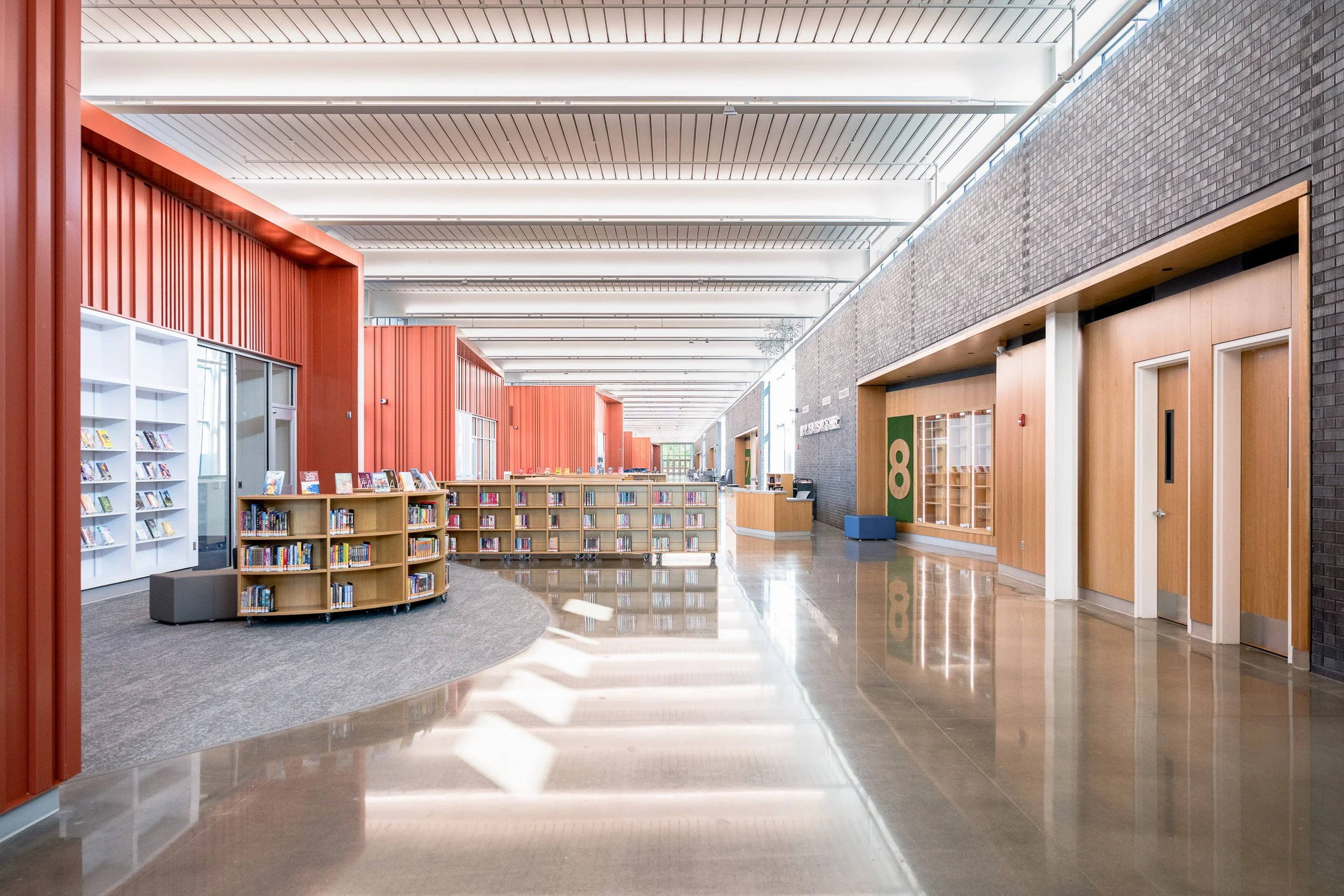 Kansas City architectural photographer Joe Zlatnik - Washburn Rural middle school library corridor