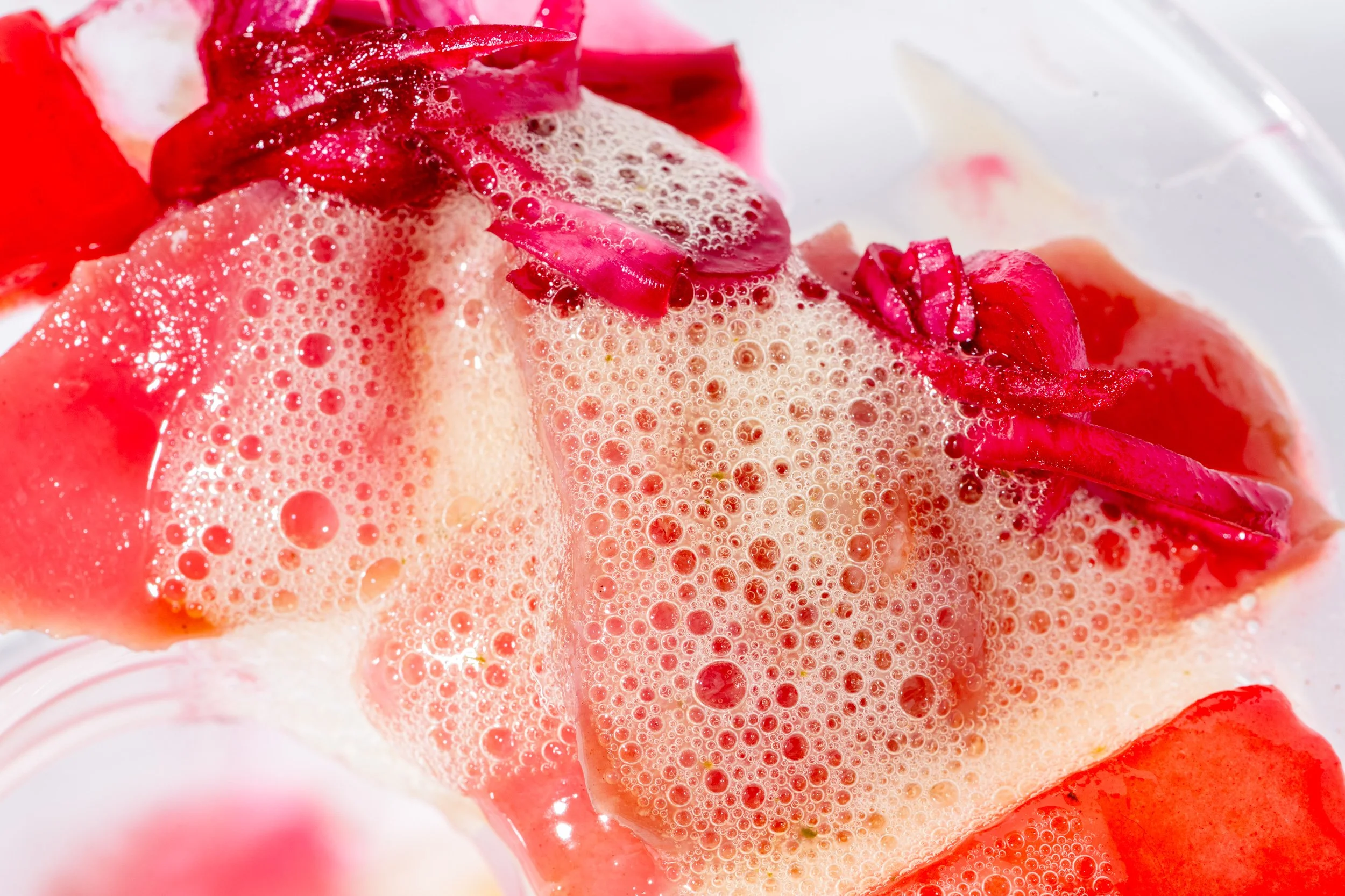 Watermelon and rose foam dessert close up, experimental fine dining plating photography
