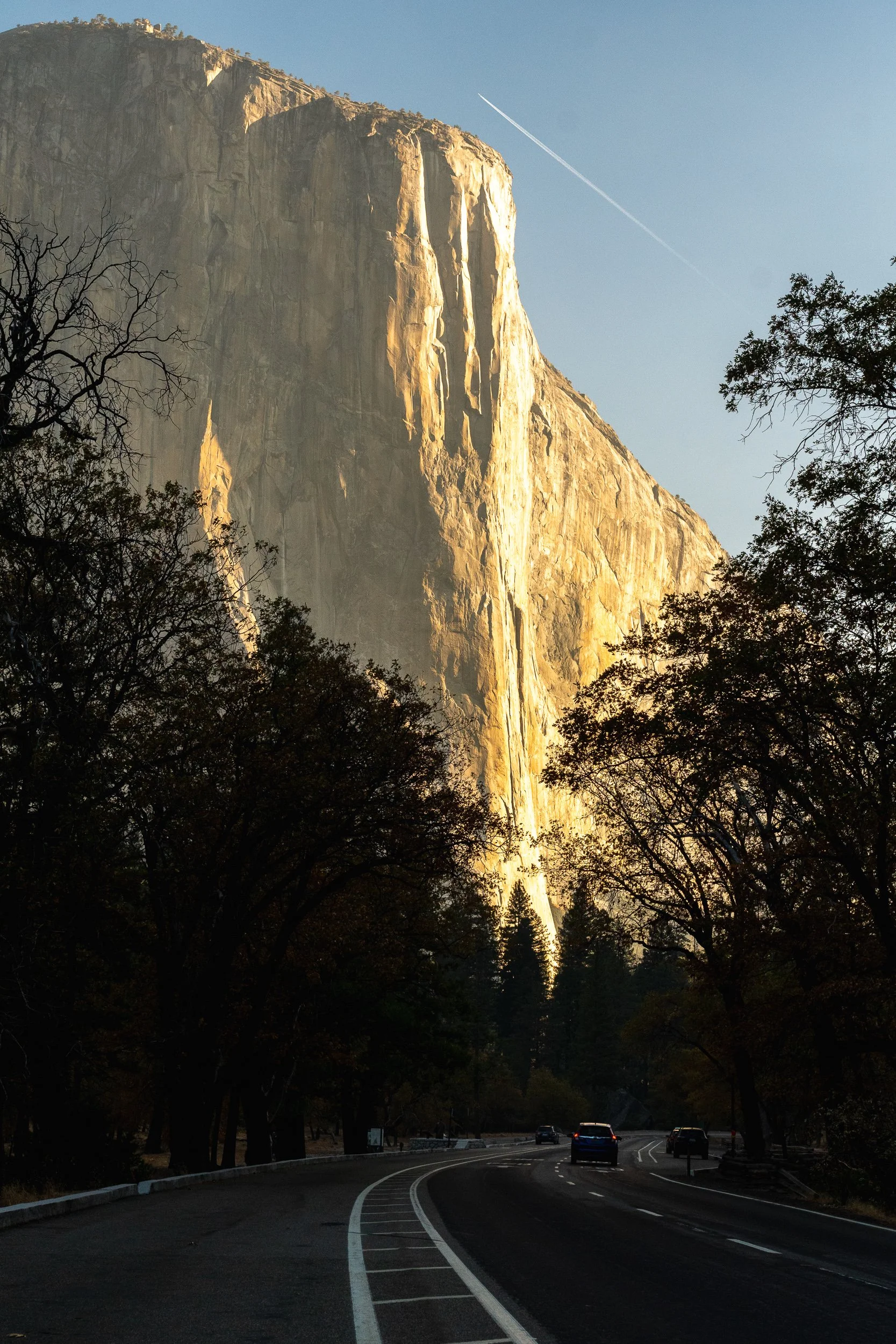 El Capitan in Yosemite Valley catching morning light, road curving below with cars, trees framing the granite face.