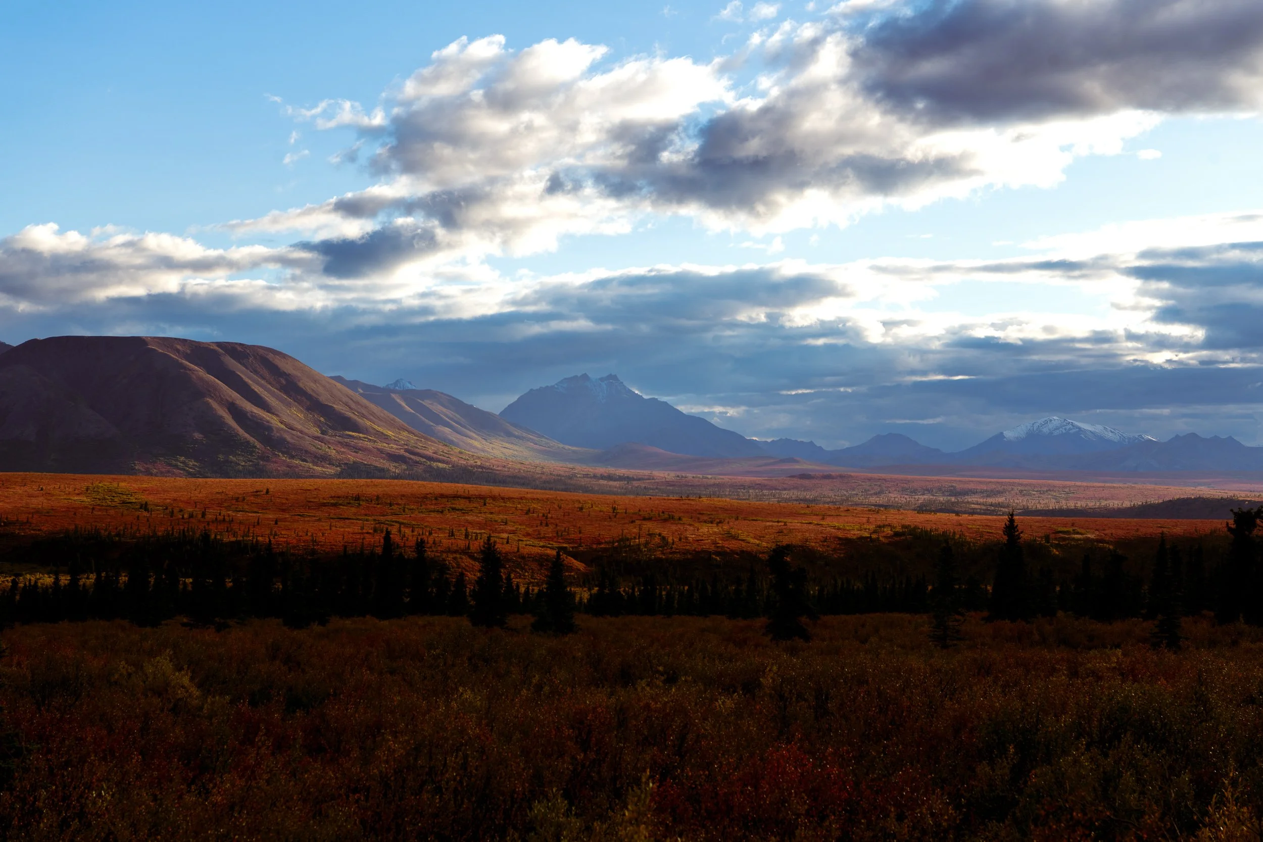 Alaska tundra valley in fall — wide landscape with red and orange ground cover, dramatic cloud break, mountain range in the distance.

