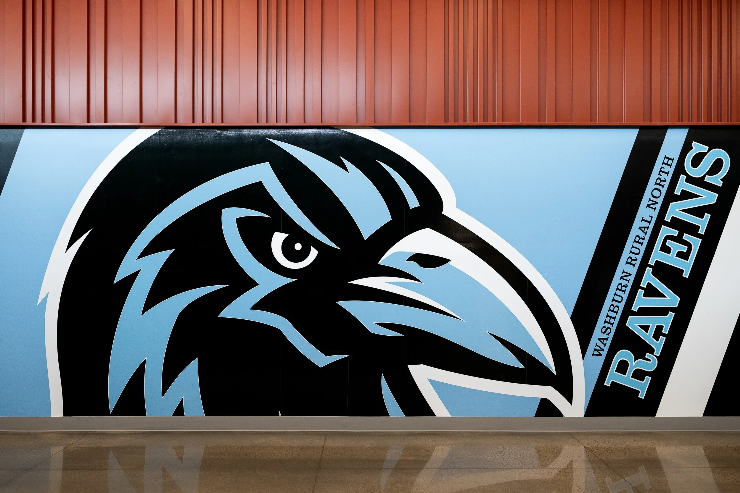 Ravens mascot graphic displayed inside Washburn Rural North Middle School.