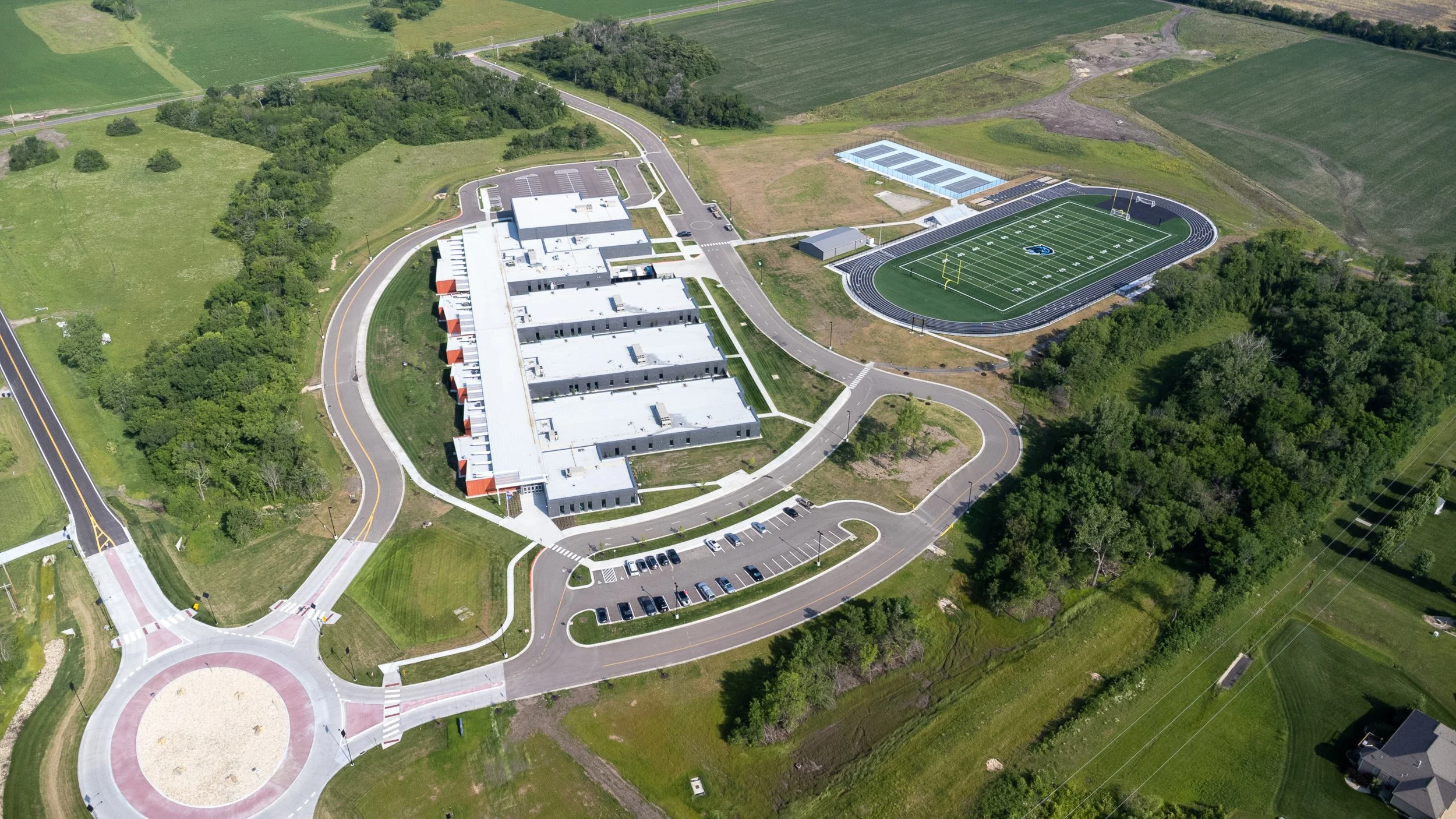 Aerial view of Washburn Rural North Middle School campus, parking lots, and athletic fields.