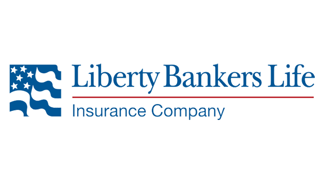 Liberty Bankers Life Insurance Company logo with blue waving flags and stars.