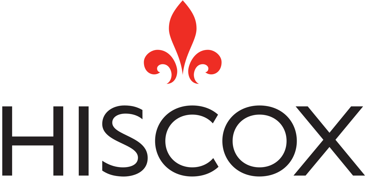 Hiscox logo with a red fleur-de-lis symbol above the black company name