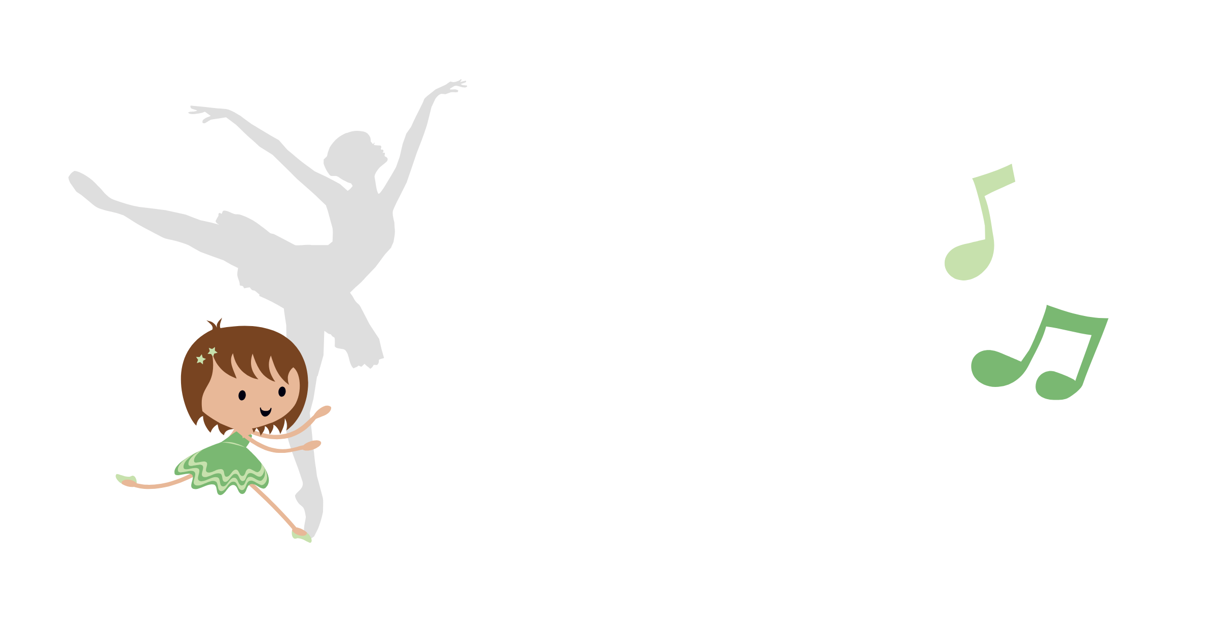 A cartoon illustration of a young girl in a green dress skateboarding with a ballet dancer silhouette in the background and musical notes to the right.