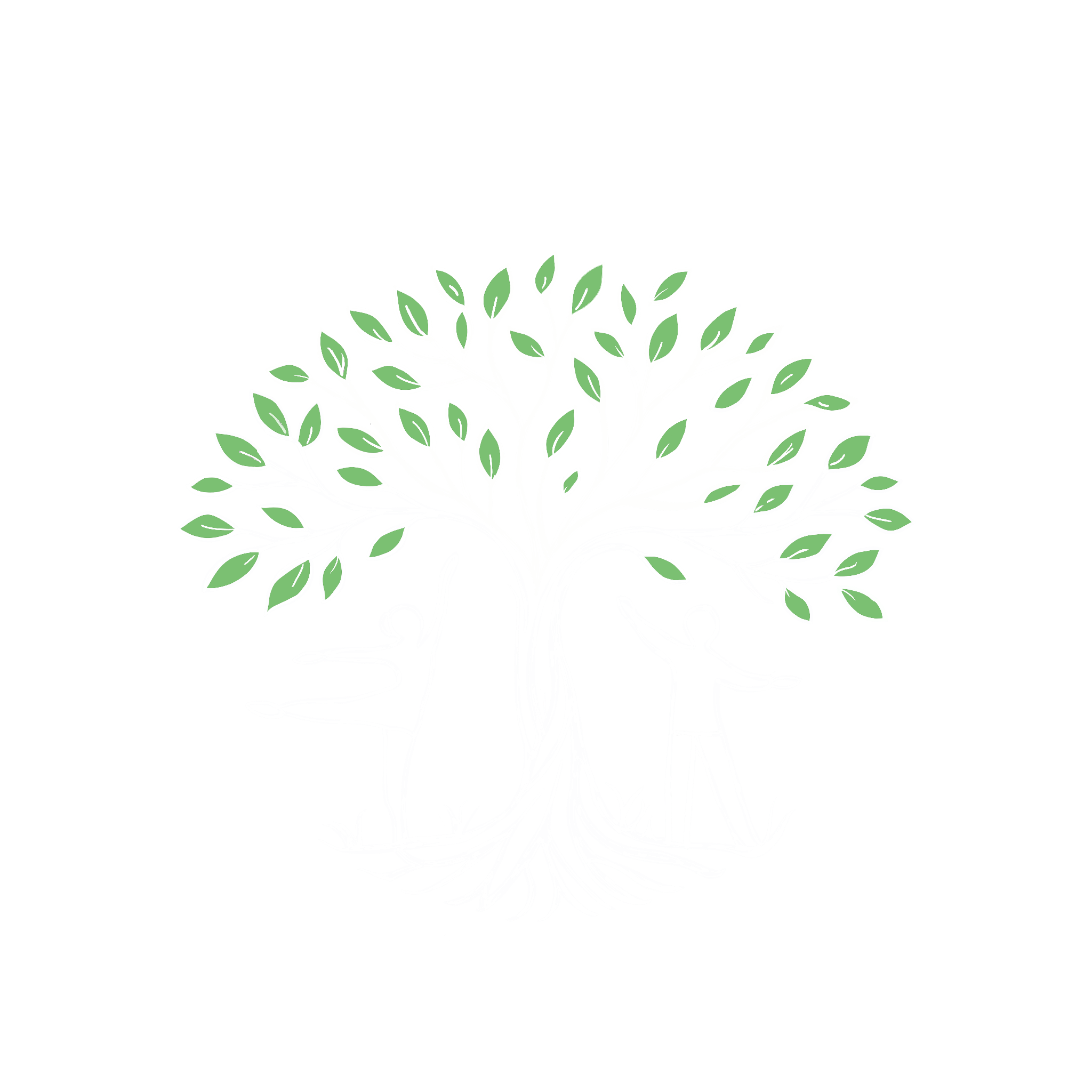 An illustrated white tree with many branches and green leaves against a black background.