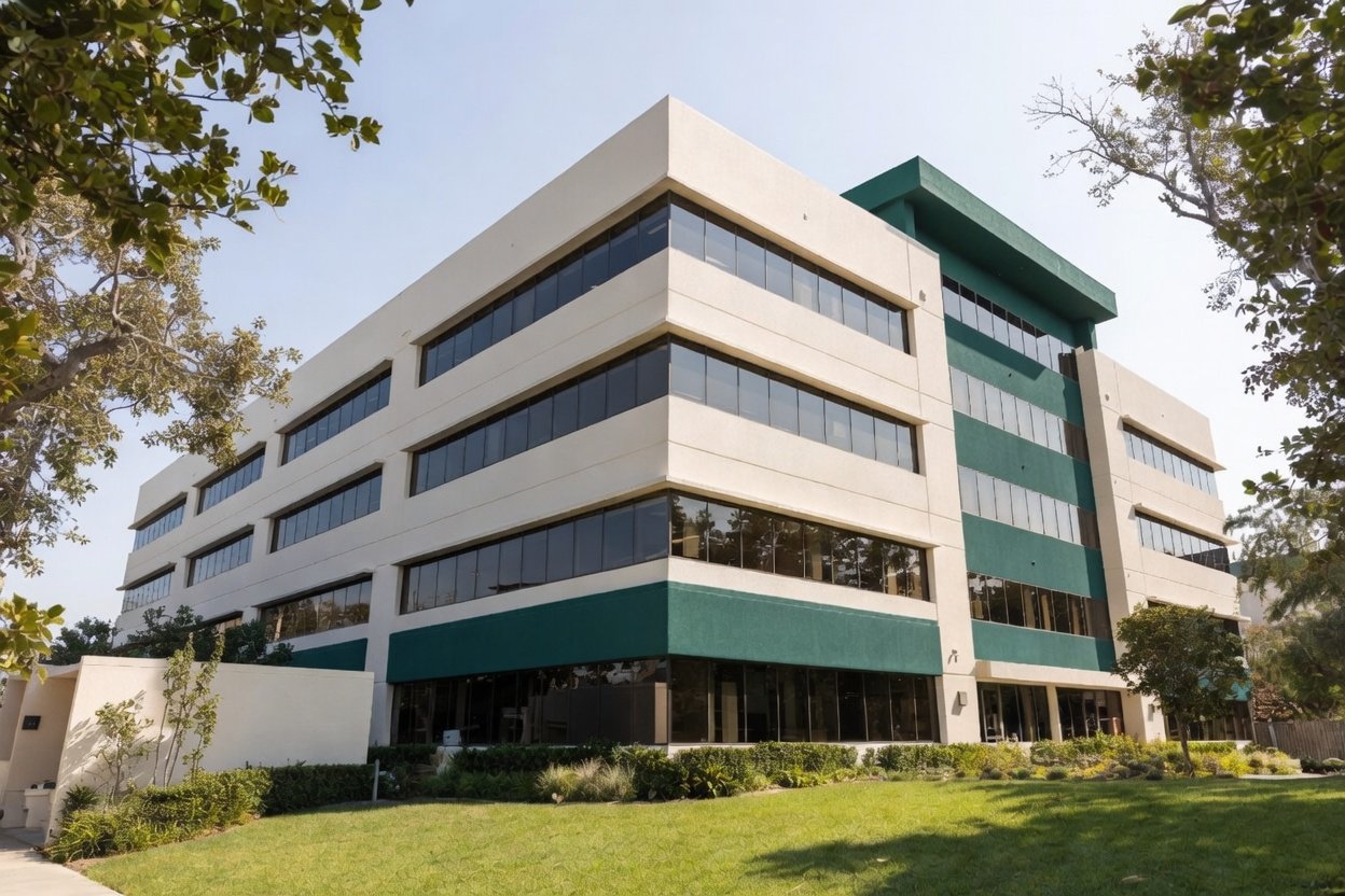 Professional Commercial Landscaping. Modern multi-story office building with large glass windows, surrounded by green lawn and trees.