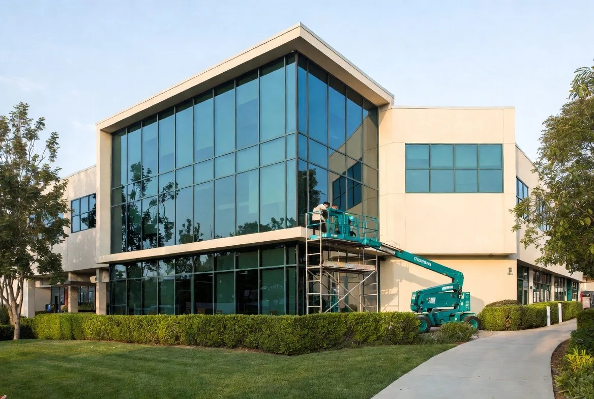 Professional Commercial Landscaping services. Workers using a lift to work on the windows of a modern, two-story commercial building with large glass windows, surrounded by a lawn and trees.