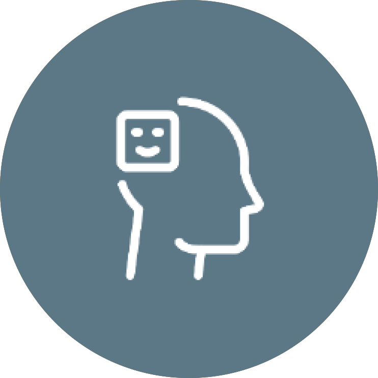 Outline of a human head with a smiling face inside a square on top of the head.