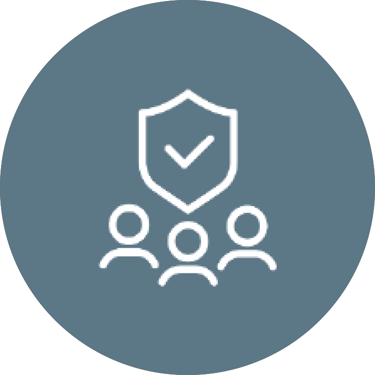 Three people with a shield and check mark above them, symbolizing protection or security for a group.