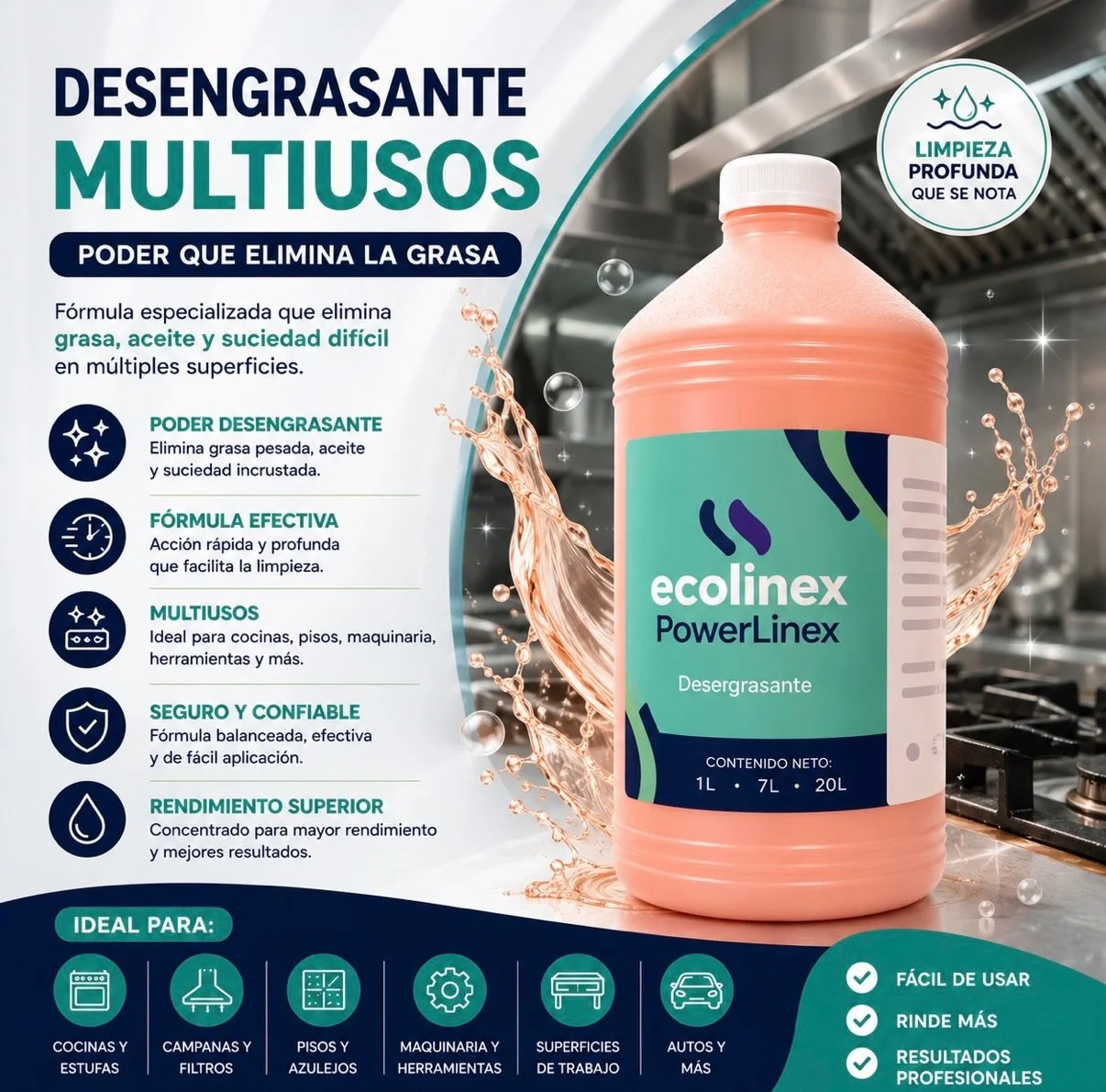🔥 La grasa dif&iacute;cil no tiene oportunidad.

Nuestro Desengrasante Multiusos PowerLinex est&aacute; formulado para eliminar grasa, aceite y suciedad incrustada de manera r&aacute;pida y efectiva, ayud&aacute;ndote a mantener tus espacios impecab
