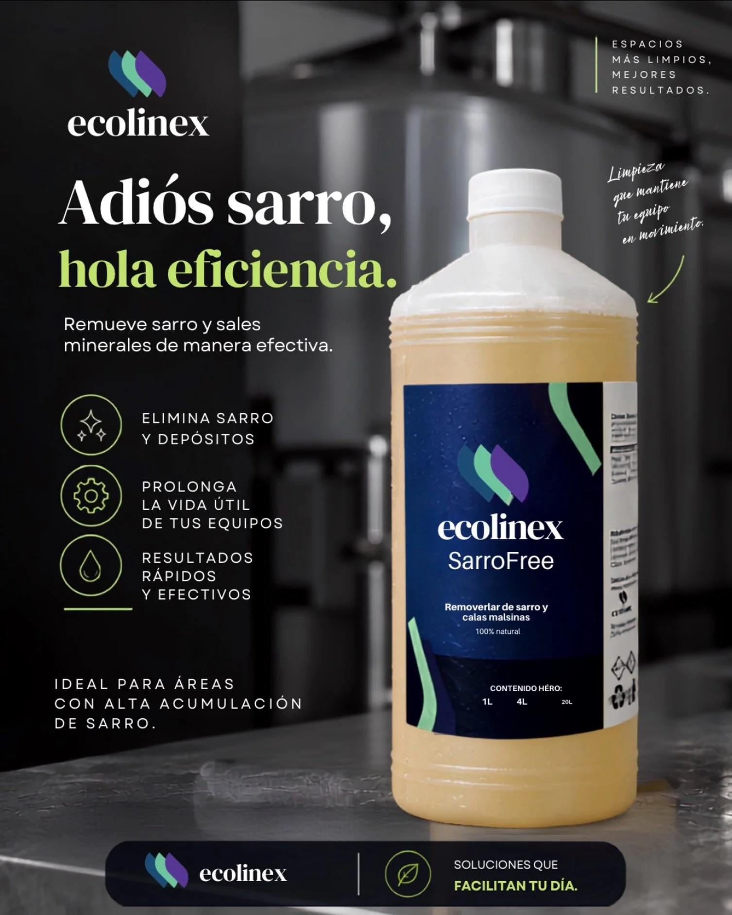 Adi&oacute;s sarro, hola eficiencia. ✨

SarroFree de Ecolinex ayuda a remover sarro y sales minerales, dejando tus superficies y equipos listos para seguir trabajando.

💧 Limpieza efectiva
⚙️ Ideal para &aacute;reas con acumulaci&oacute;n de sarro
✨