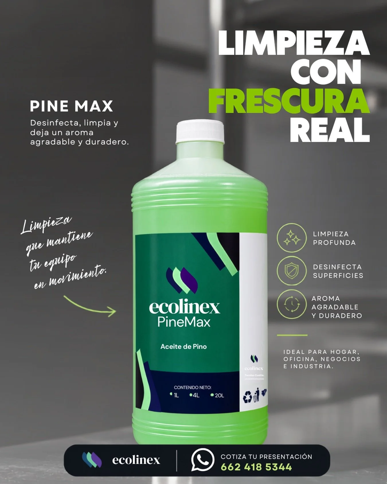 LIMPIEZA CON FRESCURA REAL ✨🌲

Con PineMax de Ecolinex disfruta una limpieza profunda, superficies desinfectadas y un aroma agradable que permanece. 💚

🧼 Limpia a profundidad
🛡️ Desinfecta superficies
🌿 Aroma agradable y duradero
🏠 Ideal para h
