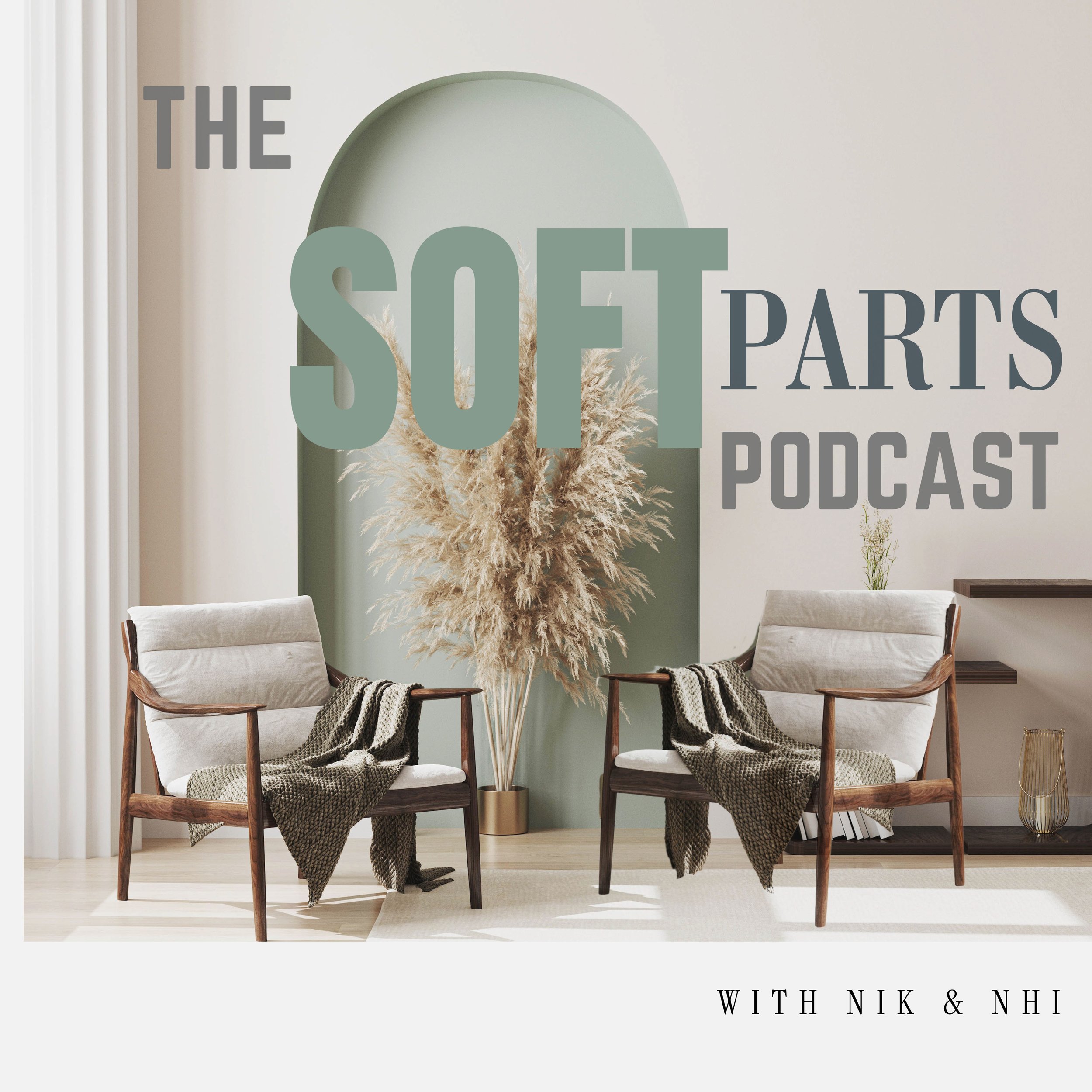 Interior living room decor with two beige chairs, a round black table, and a tall plant in a gold pot, with text overlay reading 'The Selfie Podcast' and 'With Nik & Ni'.