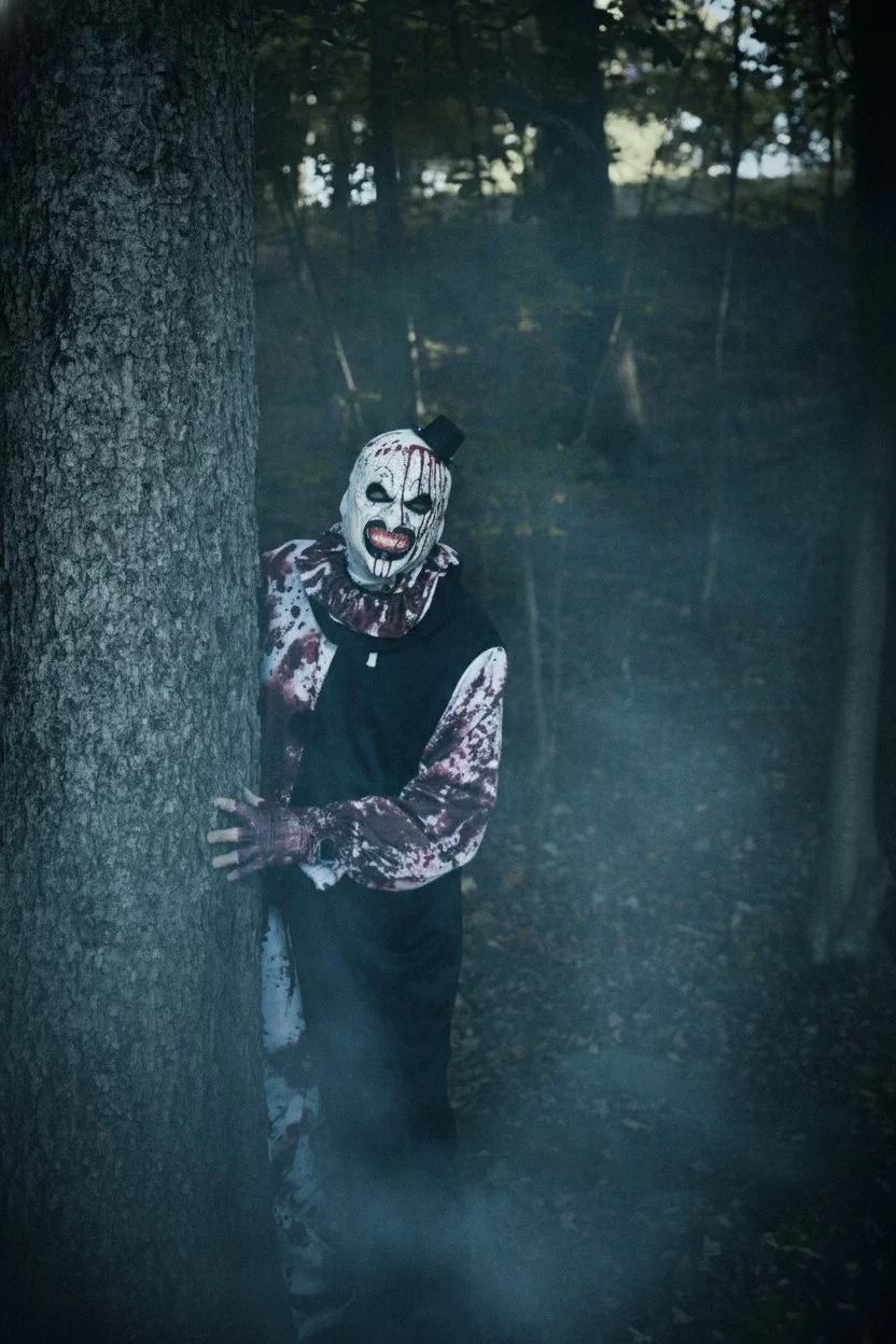 A person wearing a sinister clown mask with bloodstains peeks out from behind a tree in a dark, wooded forest at dusk.