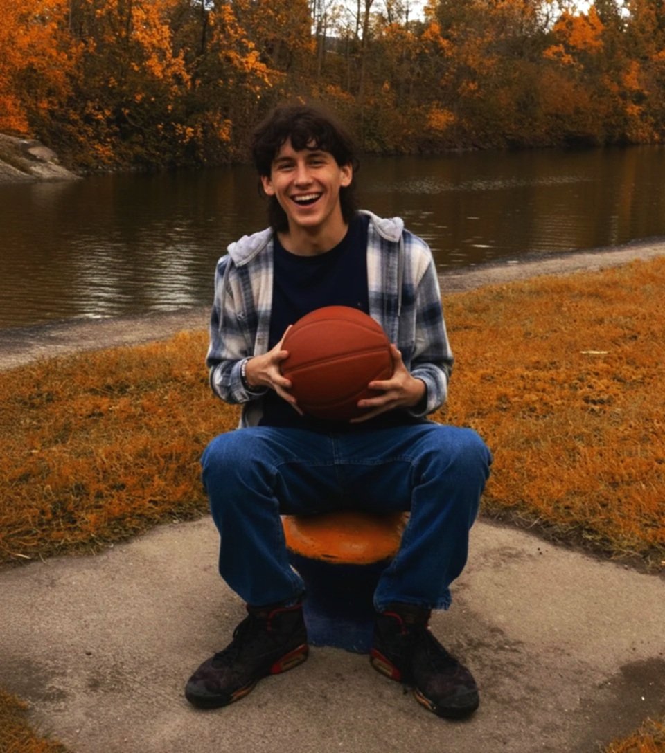 A young man sitting on a small orange stool outdoors near a river, holding a basketball, smiling happily amidst autumn-colored trees.