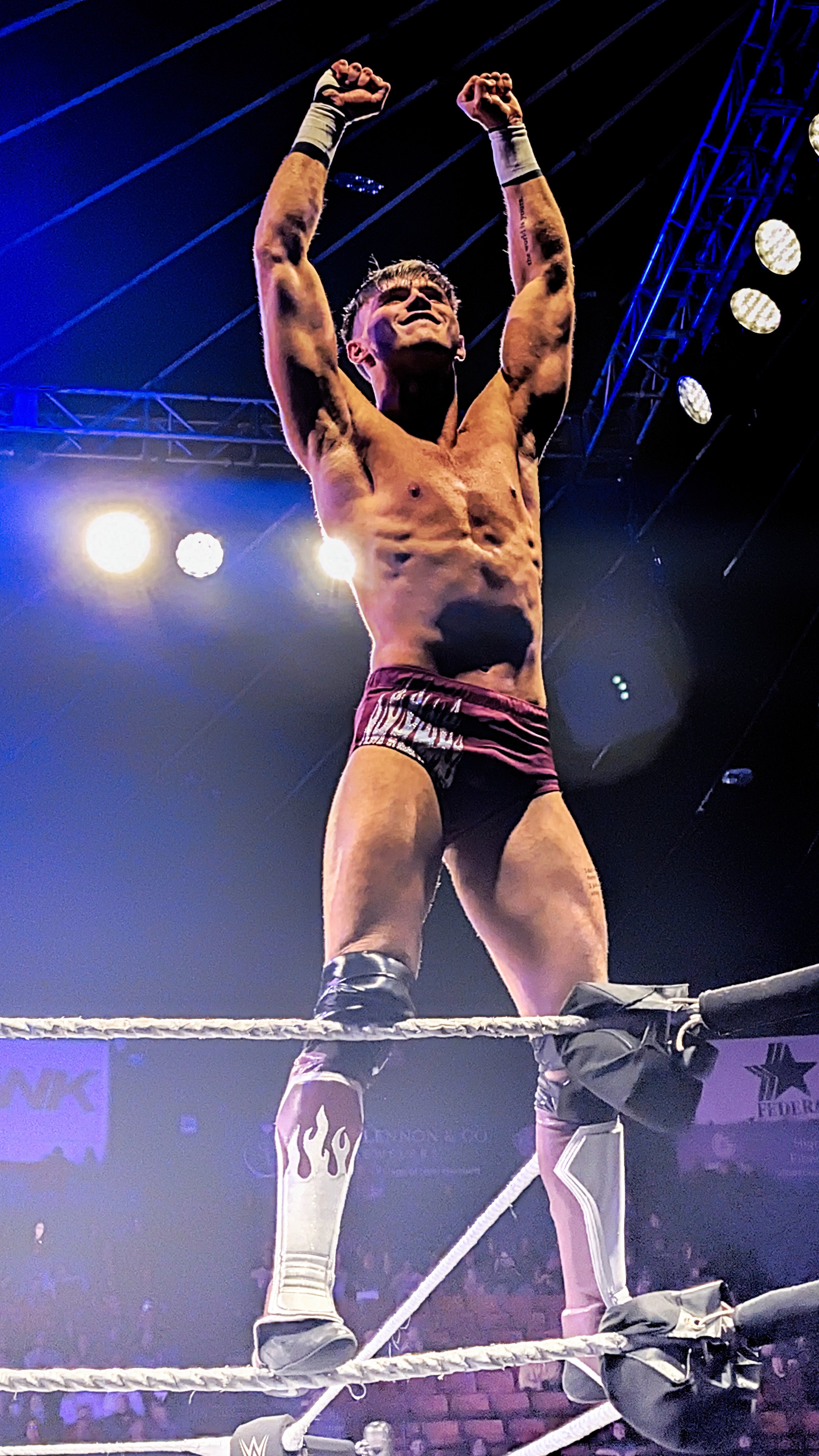 A male wrestler standing on the corner turnbuckle in a wrestling ring, raising his arms in victory with a big smile, under bright arena lights.